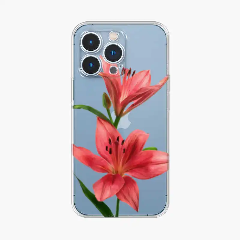 Japan Red Lily Flower Phone Case For IPhone 16 15 14 13 12 11 Pro Max Xs Xr 7 8 Plus SE2020 Transparent Soft Clear Case Shell