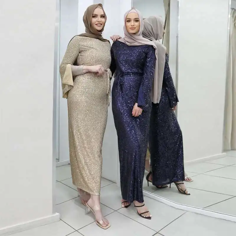 

Autumn New Muslim Fashion Sequins Solid Color Lace Up Long Sleeved Dress Women's Dress Abaya Ramadan Dubai Luxury Islam Elegant