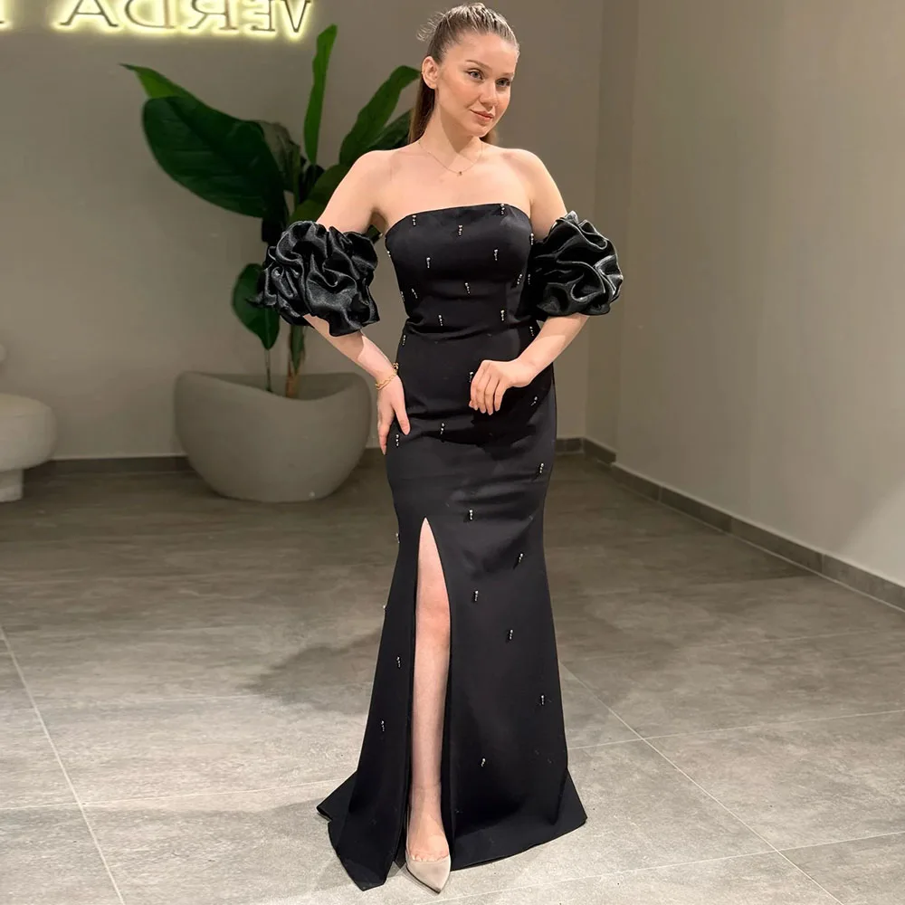 

Vanessa Black Strapless Evening Dress Side Slit Detachable Puff Sleeve Crystal Prom Gowns Straight Party Dresses Customized