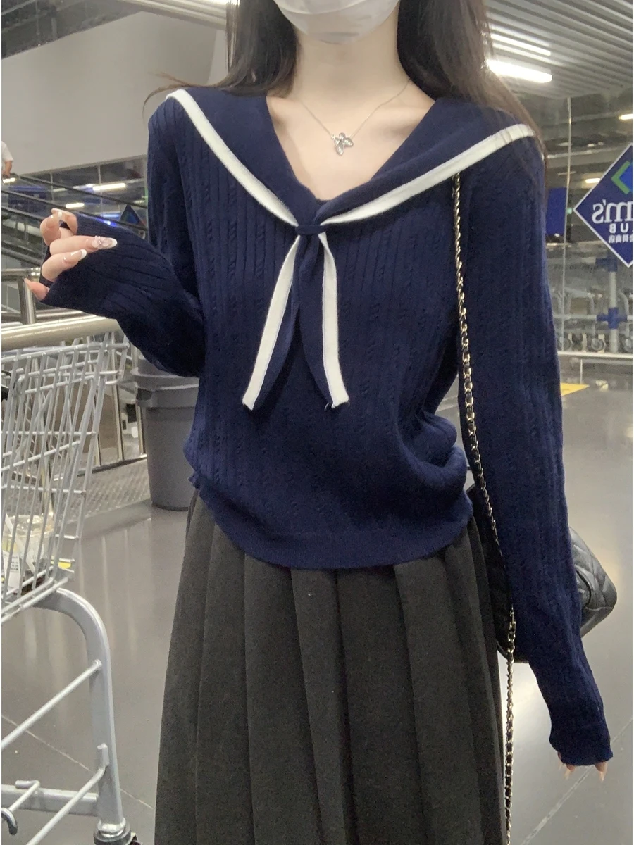 

Korean Style Striped Belted Knitwear Women's Early Autumn New College Style Navy Collar Long Sleeve Slimming Sweater