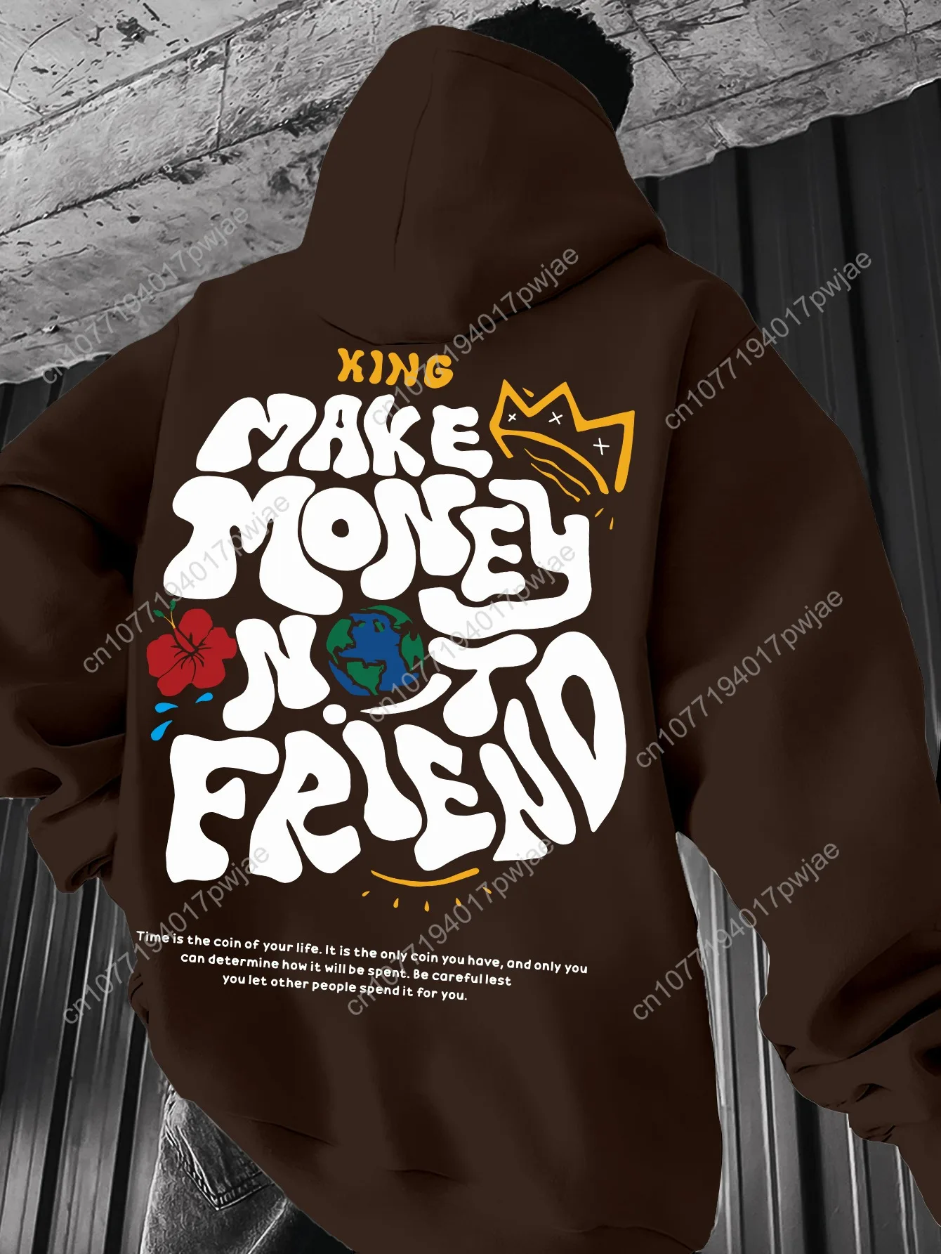 Felpa casual con cappuccio da uomo - Stampa geometrica nera con grafica e design a corona Bold "MAKE MONEY NOT FRIEND", vestibilità regolare Spr