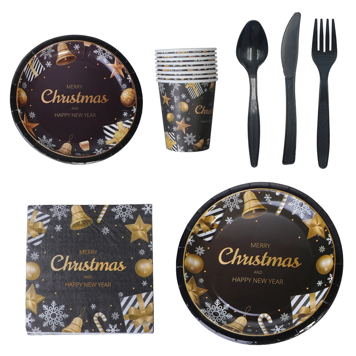 68PCS 7 Inch Christmas Party Supplies Disposable Tableware Include Paper Plate Cup Napkin Fork Spoon (Random Flatware)