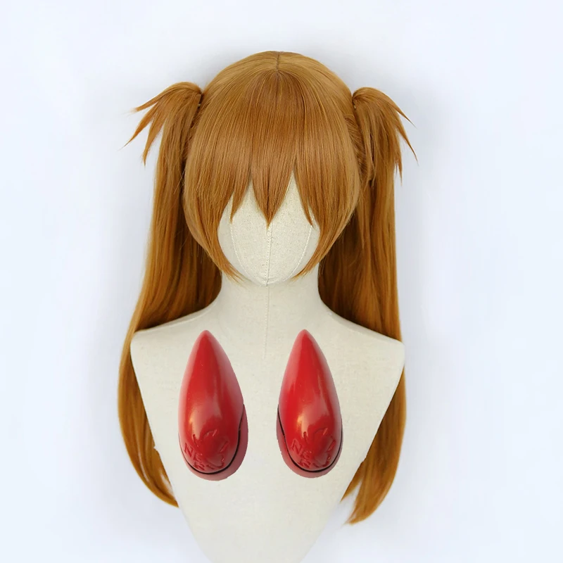 Pelucas de EVA Asuka Langley Soryu de alta calidad, pelo sintético largo naranja, resistente al calor, Anime, Cosplay, 2 pinzas de cola de caballo, 0,6 kg