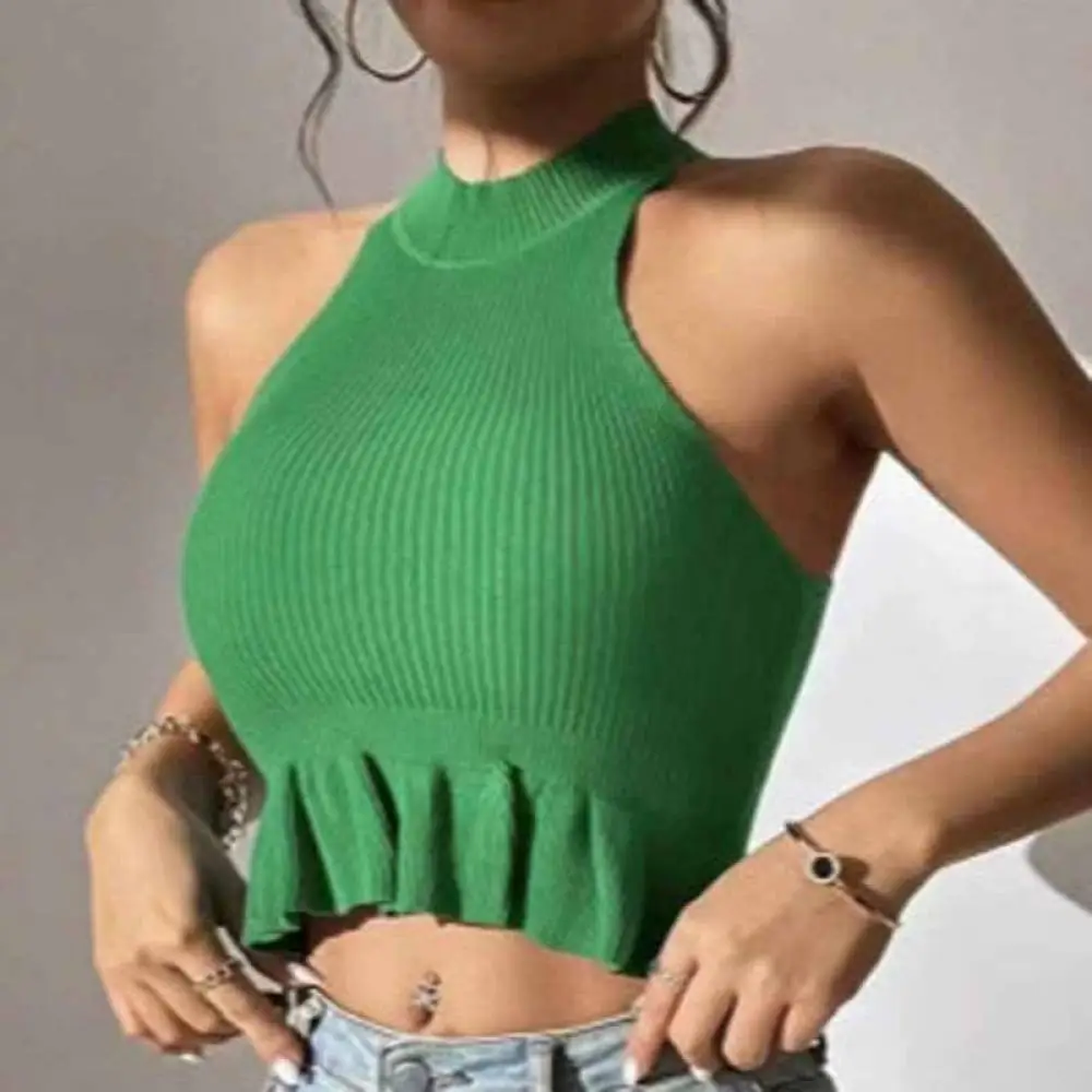 European Style Summer Knitted Vest Women Hanging Neck Slim Ruffle Detail Elegant Soft Breathable Tank Tops Shirt
