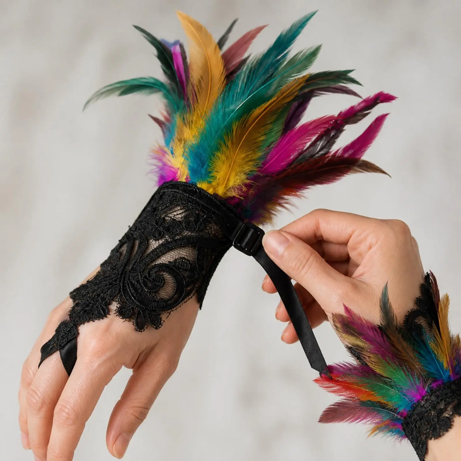 Women Costume Party Cape with Layered Feather Texture and Lace Gloves for Halloween Cosplay Stage Performance