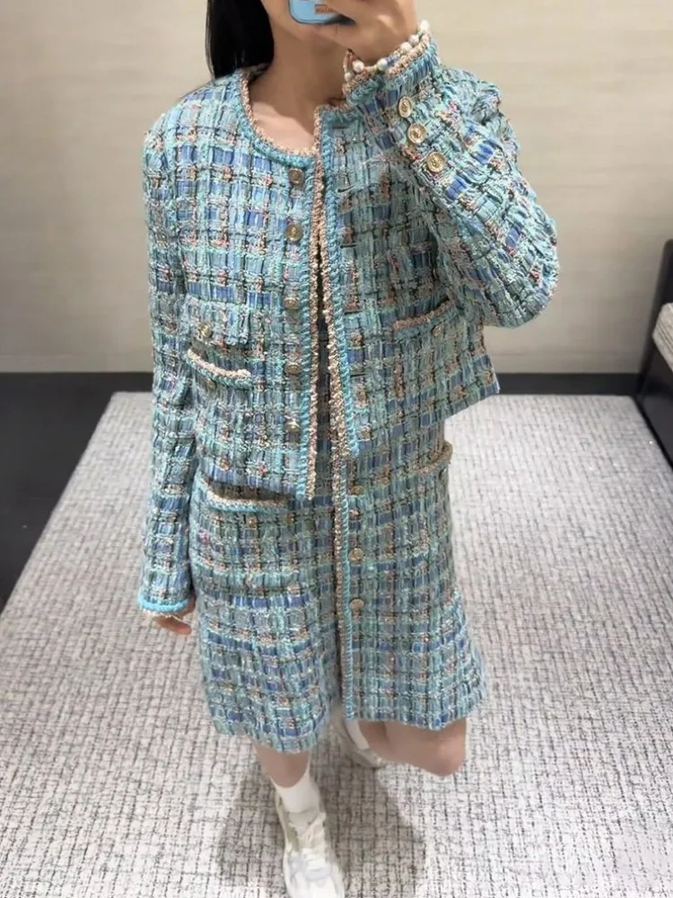 سترة تويد نسائية أنيقة بأكمام طويلة واحدة الصدر منقوشة معطف قصير ربيع الخريف مكتب السيدات مصمم ملابس خارجية الموضة
