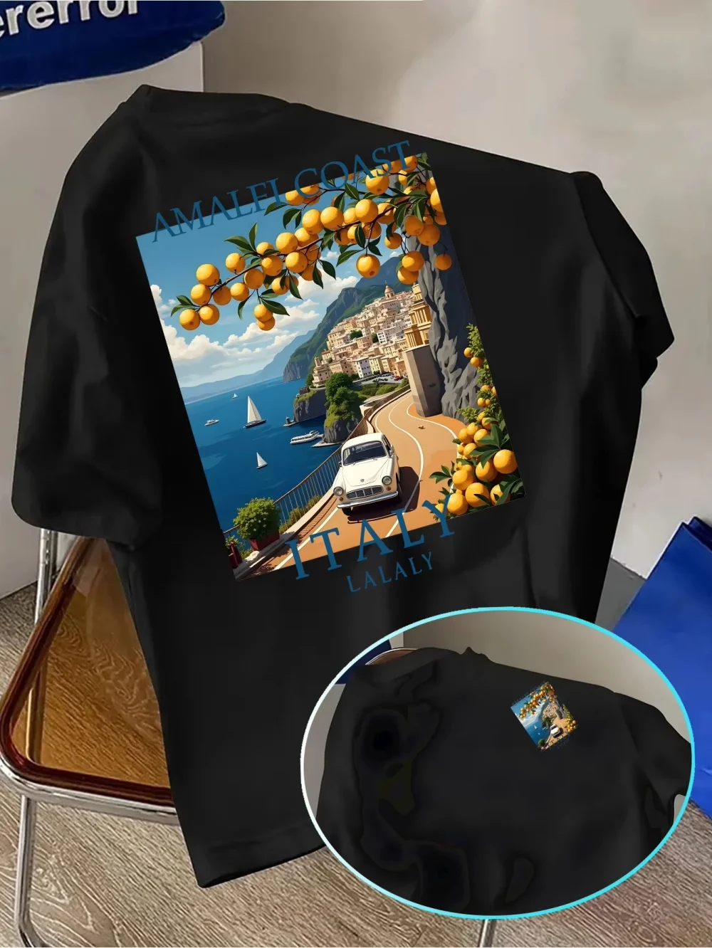 Summer Men Italian Travel Style Amalfi Coast Pattern Loose T-Shirt Suitable for Daily Casual Wear For Trip