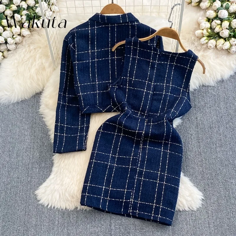 WAKUTA Korean Classic Fall/winter Small Perfume Collar Long-sleeved Tweed Jacket Fashion Waisted Hip Robe Two-piece Matching Set