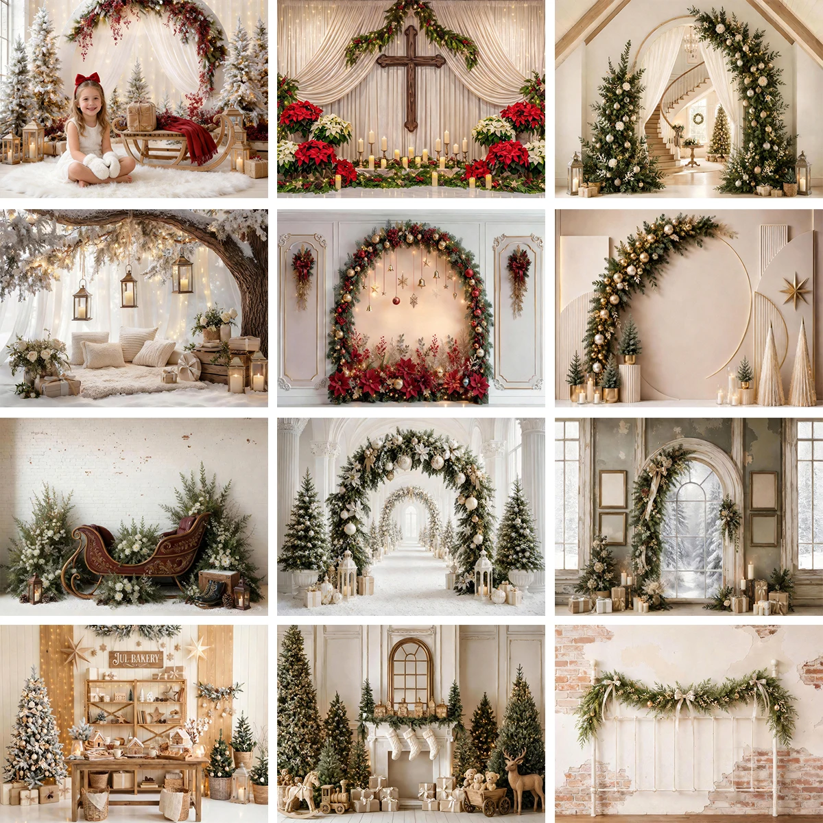 Vintage Warm Beige Christmas Arch Sleigh Bakery Window Tree Gift Newborn Kids Portrait Photography Backdrop