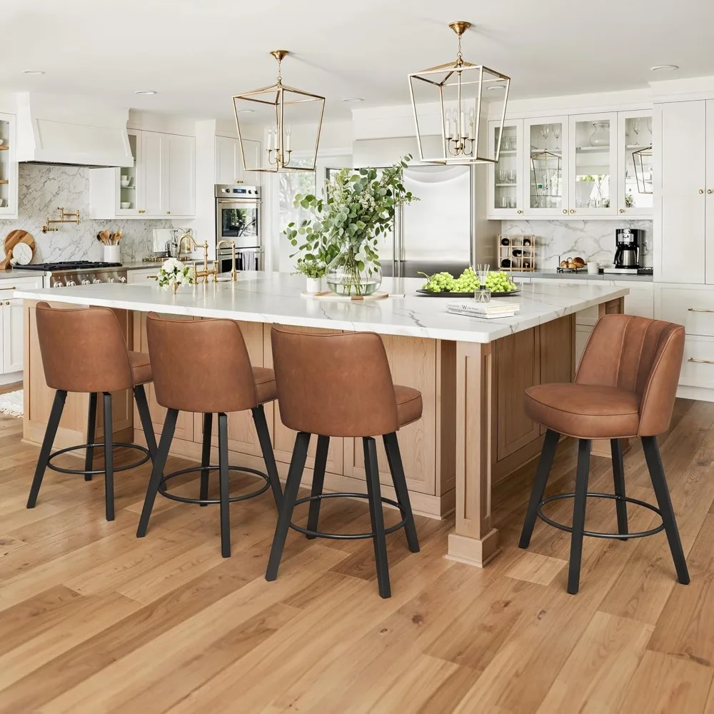 

360-degree Swivel Bar Stools Set of 2, 26" Counter Height Bar Stools with High Back and Wood Legs, Morden Faux Leather Upholste