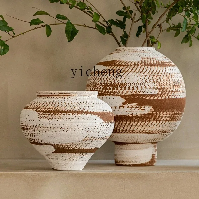 BJ-1 Retro Ceramic Vase Pottery Pot New Chinese Hand-painted Homestay Zen Coarse Pottery Pot Decorative OrnamentDecoration