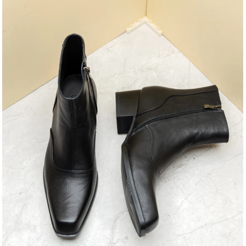 5 Cm High Heels Mens Warm Boots Luxury Genuine Leather British Style Handmade Winter Fashion Ankle Social Shoes with Height Man