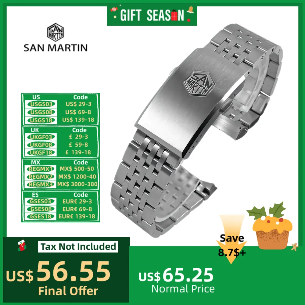 San Martin Brushed Steel Bracelet 316L Stainless Steel Watchband 20mm For Men Watch Strap Rust Resistant Business Elite SN044