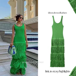 Summer New Tassel Knit Camisole Dress Sexy Boho Birthday Dress for Women Green S M L
