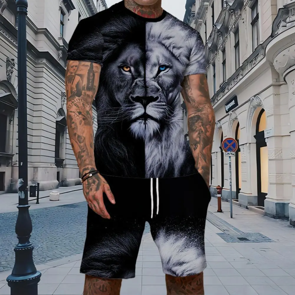 Summer Lion Animal 3D Print T-Shirts Short Sets Men's Tracksuits Oversized Short Sleeve T Shirt Pants Set Man Suits y2k Clothing