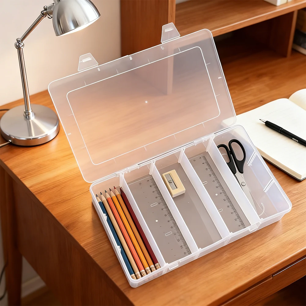5-Compartment Transparent Plastic Storage Box, Desktop Stationery Organizer, Pencil Case with Adjustable Dividers - Large Capaci