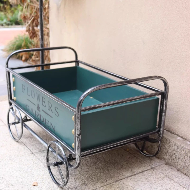Outdoor Iron Flower Stand Trolley Garden Balcony Decorative Planter Cart Creative Succulent Pot Display Rack Rustic Patio Cart