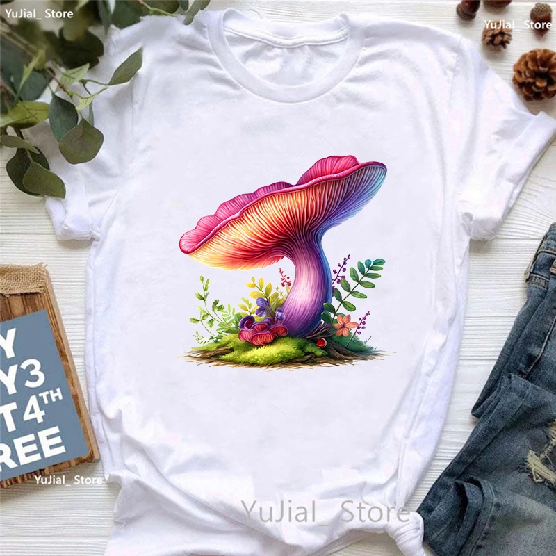 Colorful Mushroom Printed T Shirt Girls Colorful Fashion Tshirt Women Korean Style Clothes Harajuku Shirt Short Sleeve T-Shirt