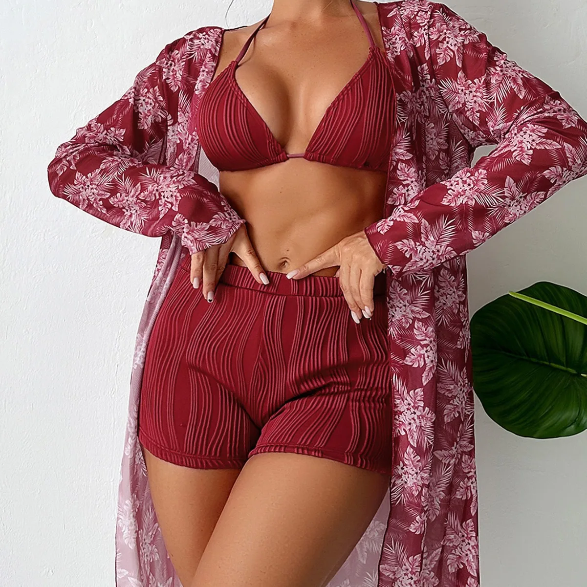 2026 Women 3‑Piece Swimsuit Solid Textured Halter Bikini Set With Swim Shorts & Floral Long Sleeve Cover‑Up Beach Bathing Suit