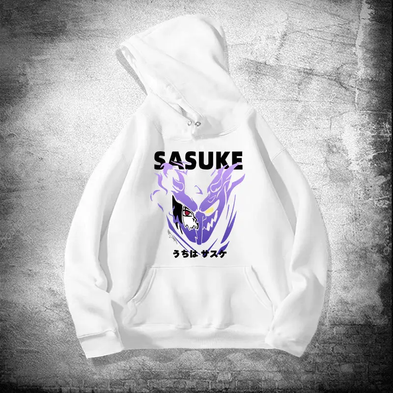 

​ ​ Красная толстовка с капюшоном в стиле аниме Саске, лицо с фиолетовым эффектом ауры, текст учиха-клана, негабаритная уличная одежда с карманом ​ ​