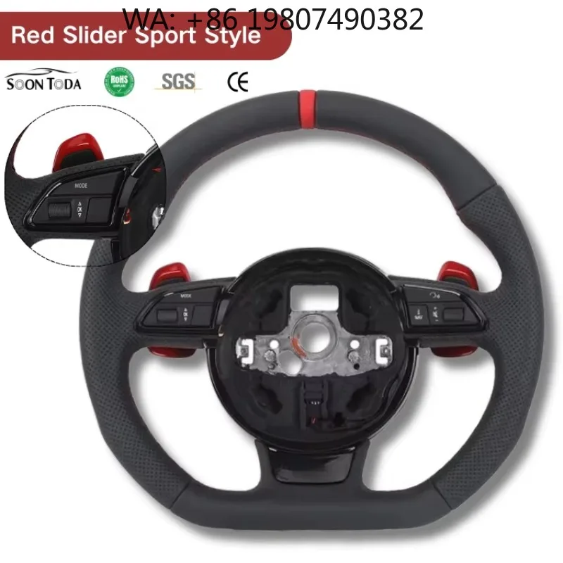Volante Deportivo RS de Fibra de Carbono con Línea Roja en Cuero Negro Compatible con A3 A4 A5 A6 Q3 Q5 Q7 R8 B6-B9 SQ5 RS3 8V RS4 RS6 RS7 TT RS A7