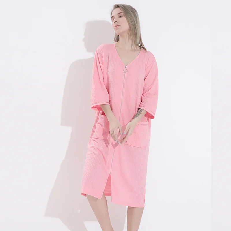 Zipper Pocket Nightwear Summer Bathrobe Pajamas for Couples Waffle Robe Women Nightgowns Men Night Dress Home Wear Clothes