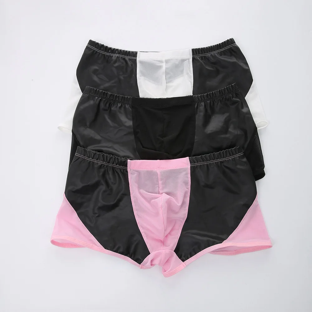

Men Faux Leather Splicing Boxer Shorts See Through Underwear For Man Lingerie Translucent Panties Mesh Gay Sissy Pouch Trunks