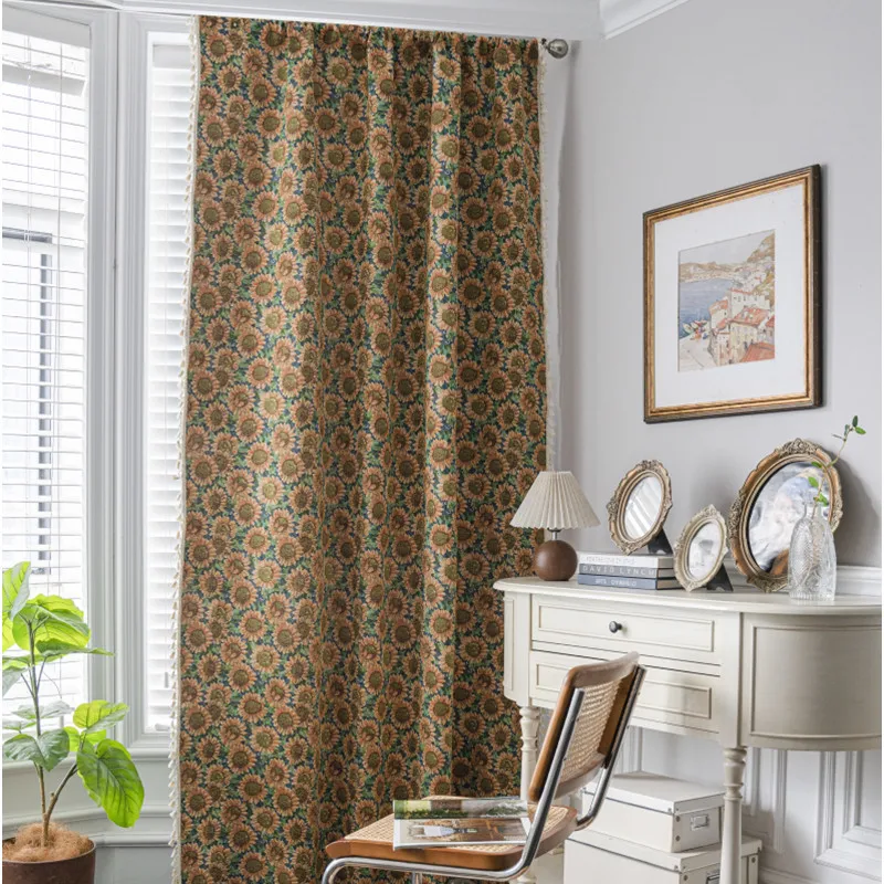 

Light Luxury Living room dining room bedroom high-quality custom curtains sunflower non-punching semi-blackout cotton curtains