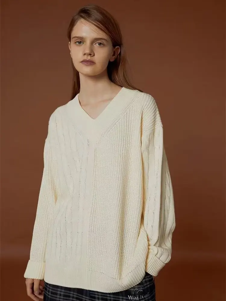 

Мужской вязаный свитер с V-образным вырезом для ранней осени, утолщенный, с узором «косы», повседневный, свободного кроя, с длинными рукавами, модный топ