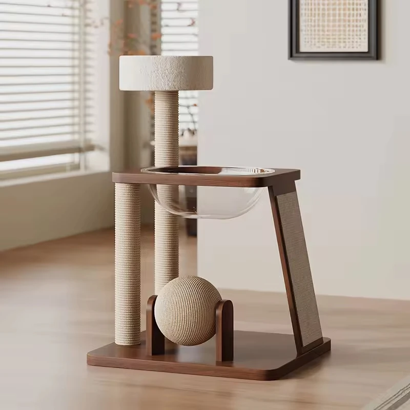 Luxury Modern Solid Rubber Wood Cat Tree with Sisal Rope Scratching Post Nest Mat