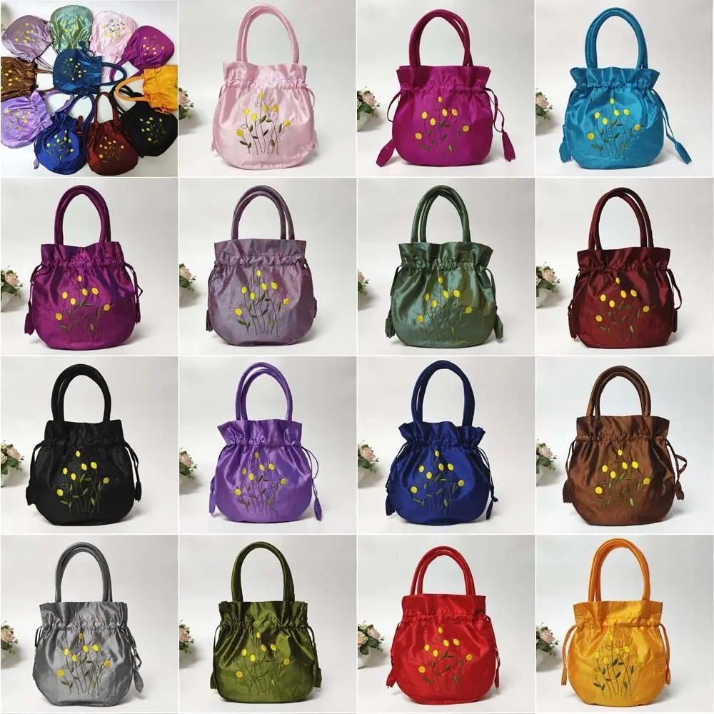 

Sweet Satin Silk Hanfu Drawstrings Bag Leaf Mommy Bag Embroidery Flower Handbag Lunch Bag Korean Small Purse Wallet Daily