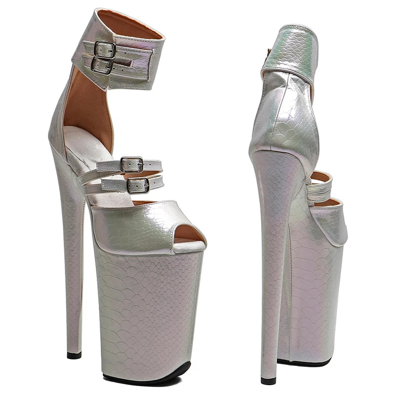 Leecabe 23CM / 9inches Shiny Snake  PU Upper  open toe  fashion  Platform High Heels Sandals Pole Dance shoes