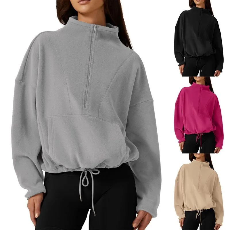 Women's Sweater Autumn and Winter Half Zip Fine Fleece Sweatshirt Small High Neck Long Sleeve Comfortable Pullover Lace Up Top