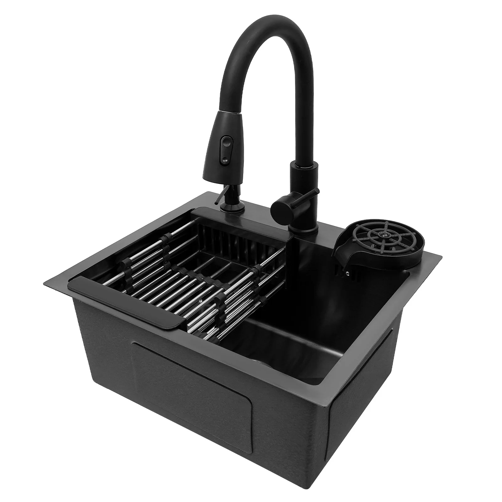 Fregadero de cocina negro empotrable de 40x45cm con línea de diseño en X y grifo extraíble