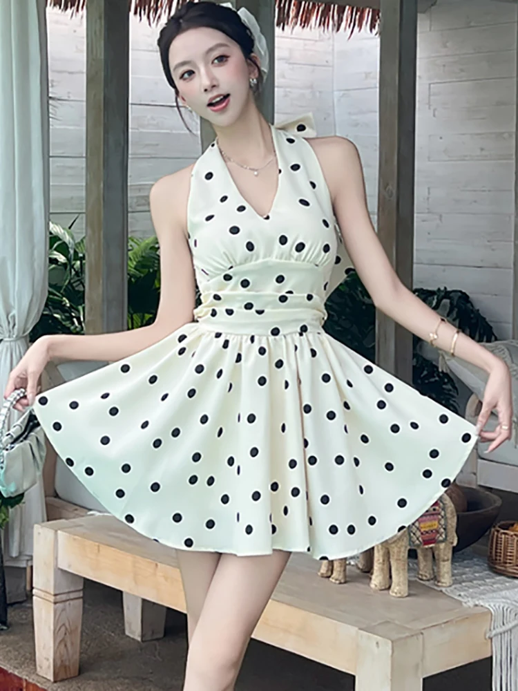 Mini robe d'été noire à pois, Chic, avec nœud sur le cou, Vintage, Hepburn, vêtements de bal, élégante, coréenne, moulante, 2025