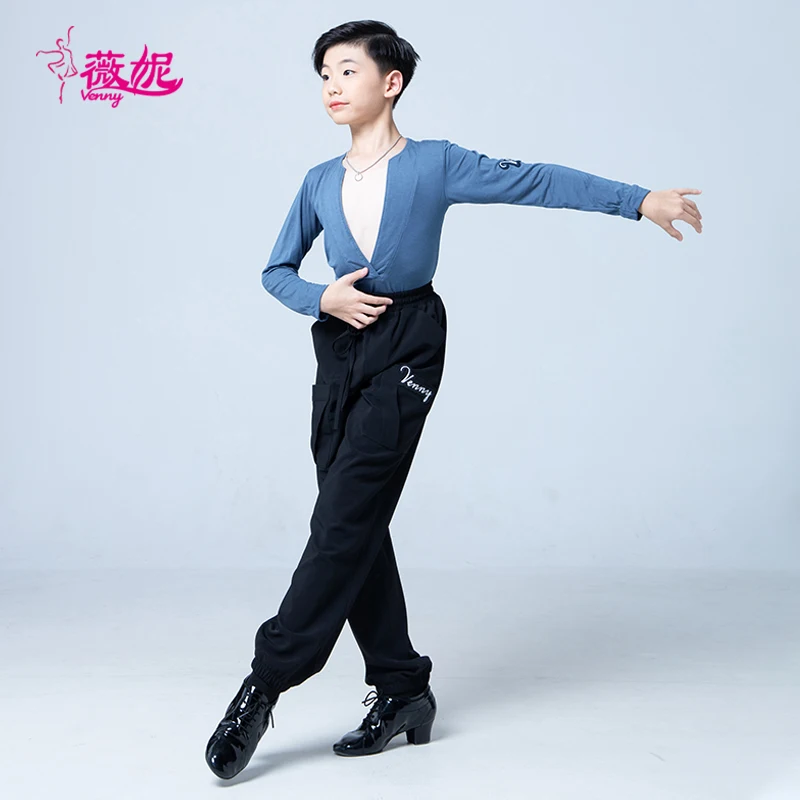 Vennystyle Top da ballo latino da uomo con scollo a V profondo manica lunga vestibilità slim per costumi da ballo da sala da ballo