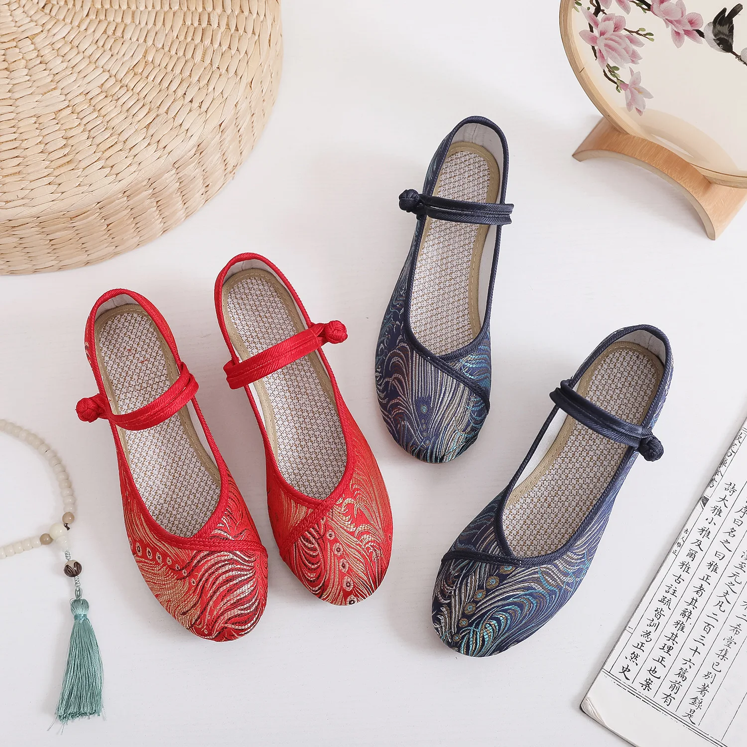2026 Women's Red & Dark Blue Phoenix Pattern Block Heel Mary Jane Shoes Chinese Ethnic Style Oriental Casual Pumps Q-239