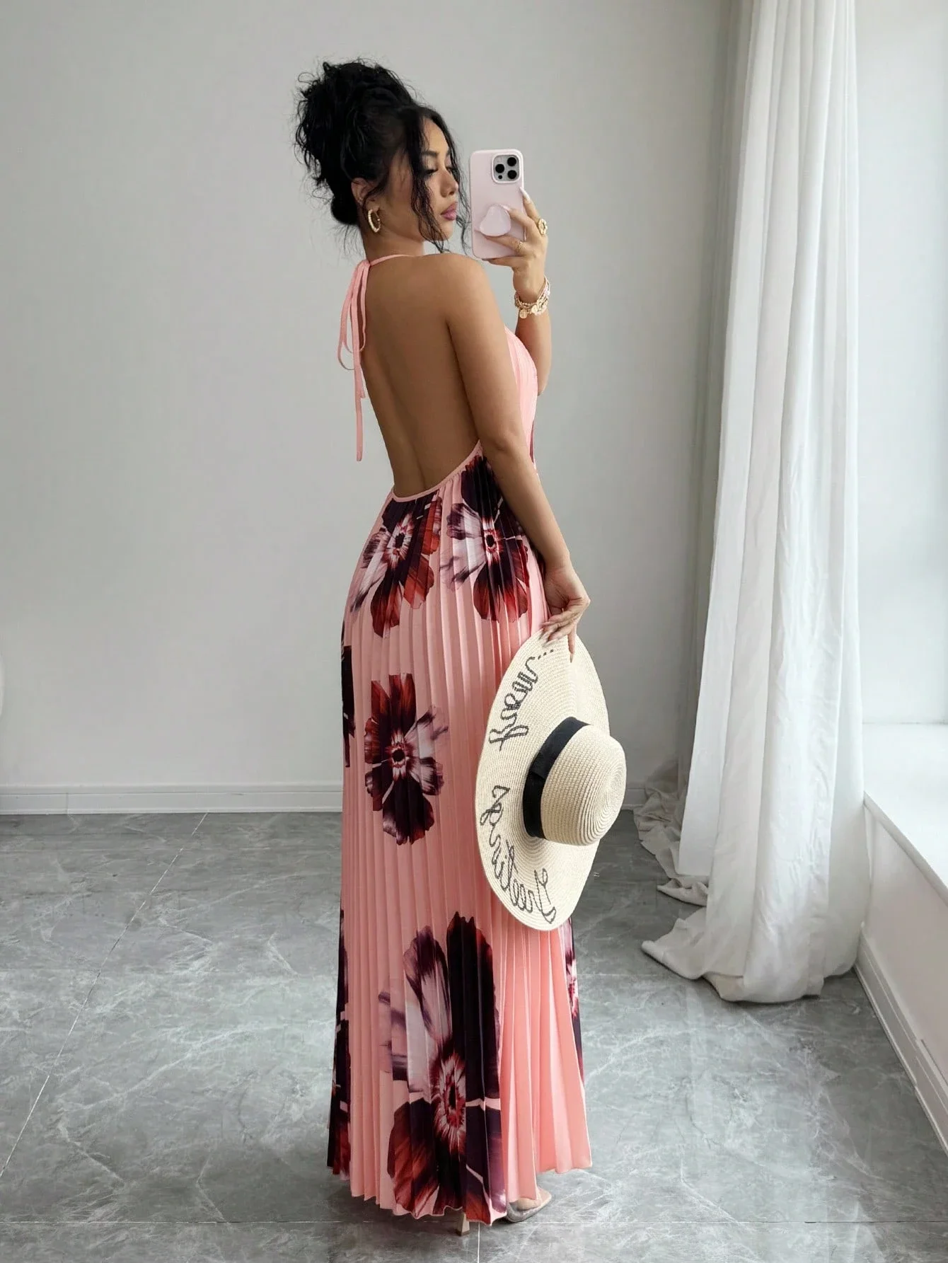 

Loose Fit Pleated Floral Print Sleeveless Maxi Dress For Women Casual Vacation Spring Summer
