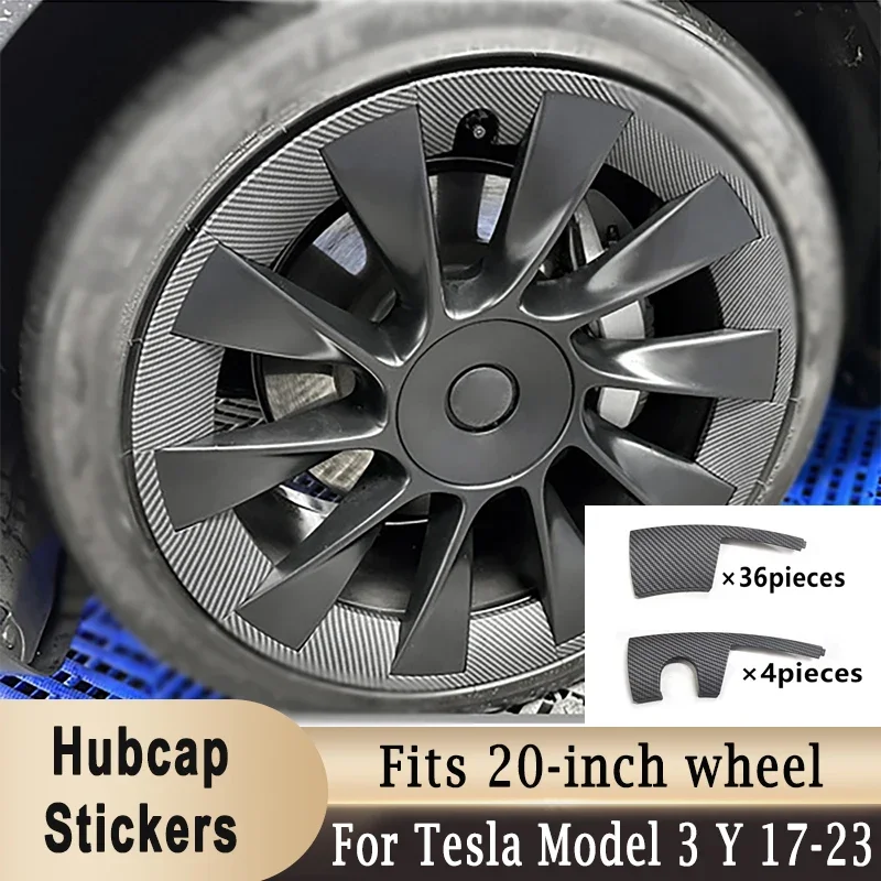 40Pcs/set 20 inch Carbon Fiber Split Wheel Protective Cover Hub Cover Patch Hubcap Stickers for Tesla Model 3 Y 2017-2023