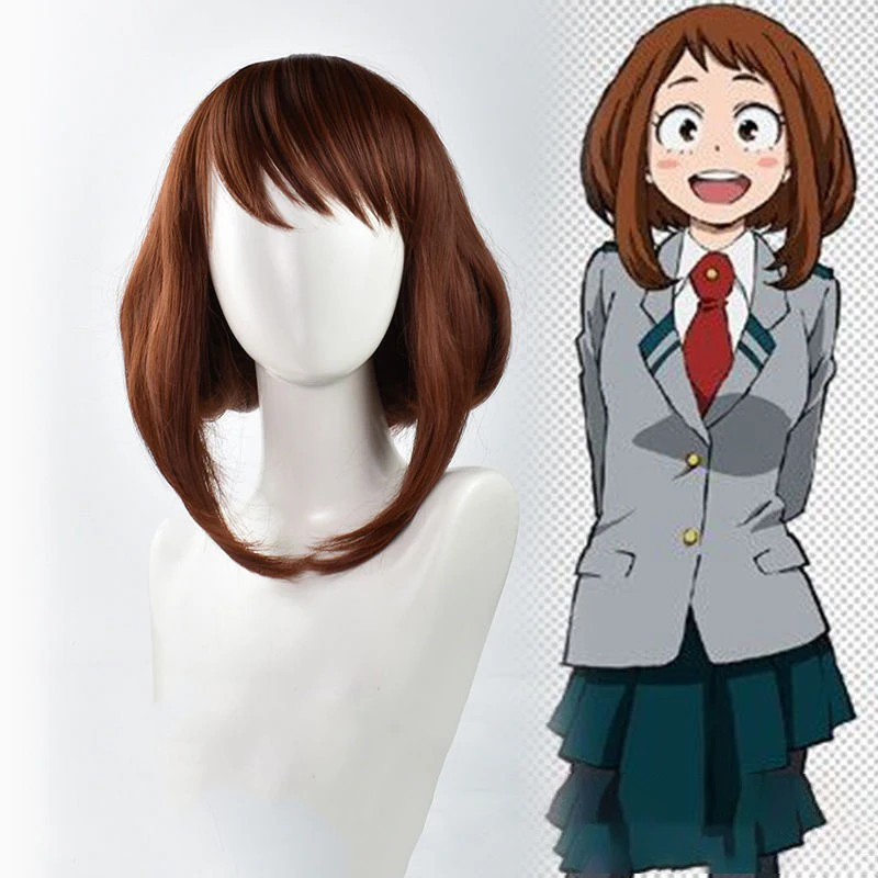 OCHACO URARAKA تأثيري شعر قصير فستان الحفلات أغطية الرأس شعر مستعار منفوش أنيمي بطلي الأكاديمية دور النمذجة غطاء شعر مستعار