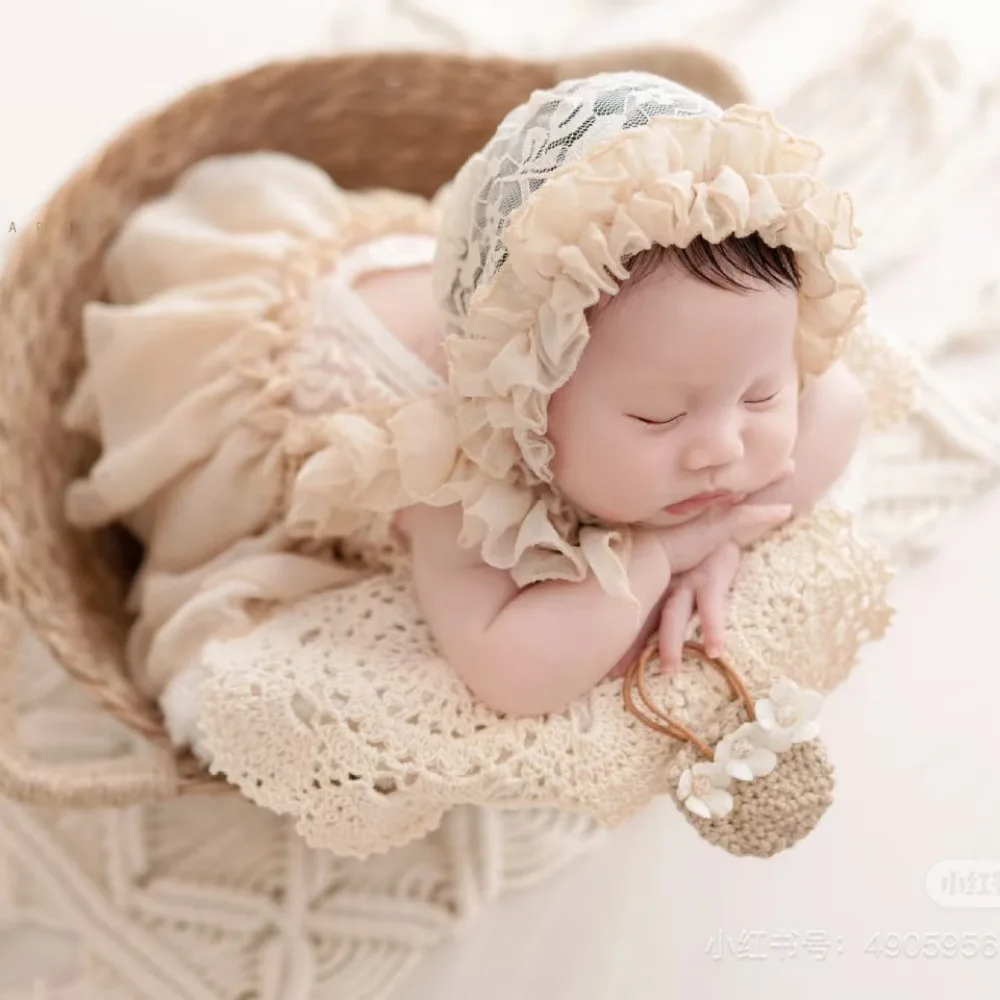 Newborn Photography Props Baby Girl Lace Princess Dress Skirt Romper Bodysuits Outfit  Hat Headband Photography Clothing