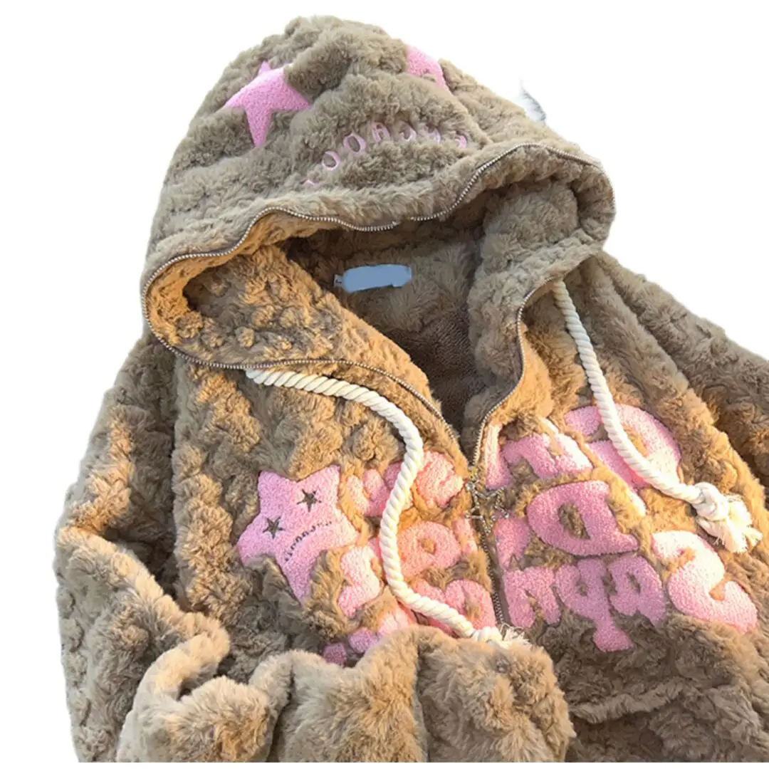2025 Autumn Winter Women's Sweater Star Patterned Lamb Wool Jacket Loose Oversize Fleece Thickened Fuzzy Hooded Cotton Coat