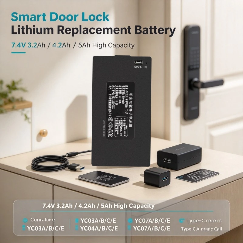 7.4V 3.2/4.2/5Ah YC03A/B/C/E YC04A/B/C/E YC07A/B/C/E  Lithium Smart Door Lock Battery Type-C Replacement A-grade Battery Cell