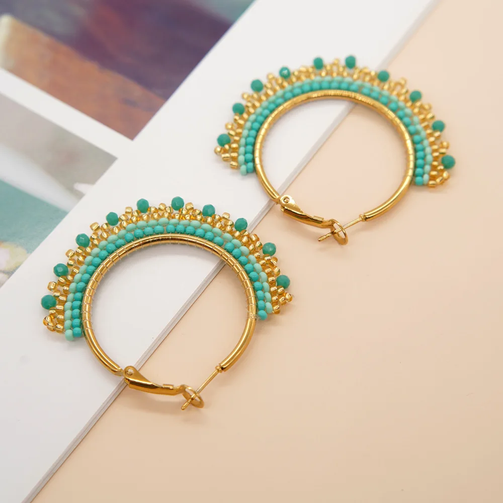 

ZGMXR богемные серьги из рисовых бусин для женщин, ручная работа, сплав, градиент цвета, кристаллы, простые модные круглые украшения из бисера