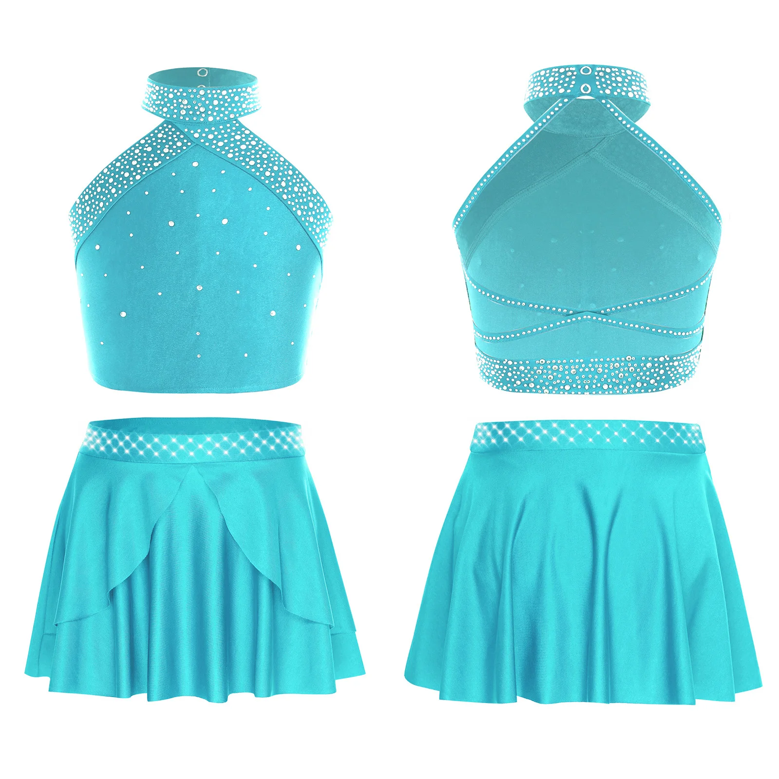 

‌Sparkling Rhinestone Girls Lyrical Praise Modern Dance Outfit Cross Back Halter Top with Irregular Skirt for Stage Performances