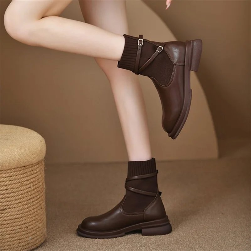 

2023 Hot Sale New Shoes for Women Autumn Winter Solid Color Round Toe One Word Buckle Mid Heel Fashion Warm Soft Boots Shoes