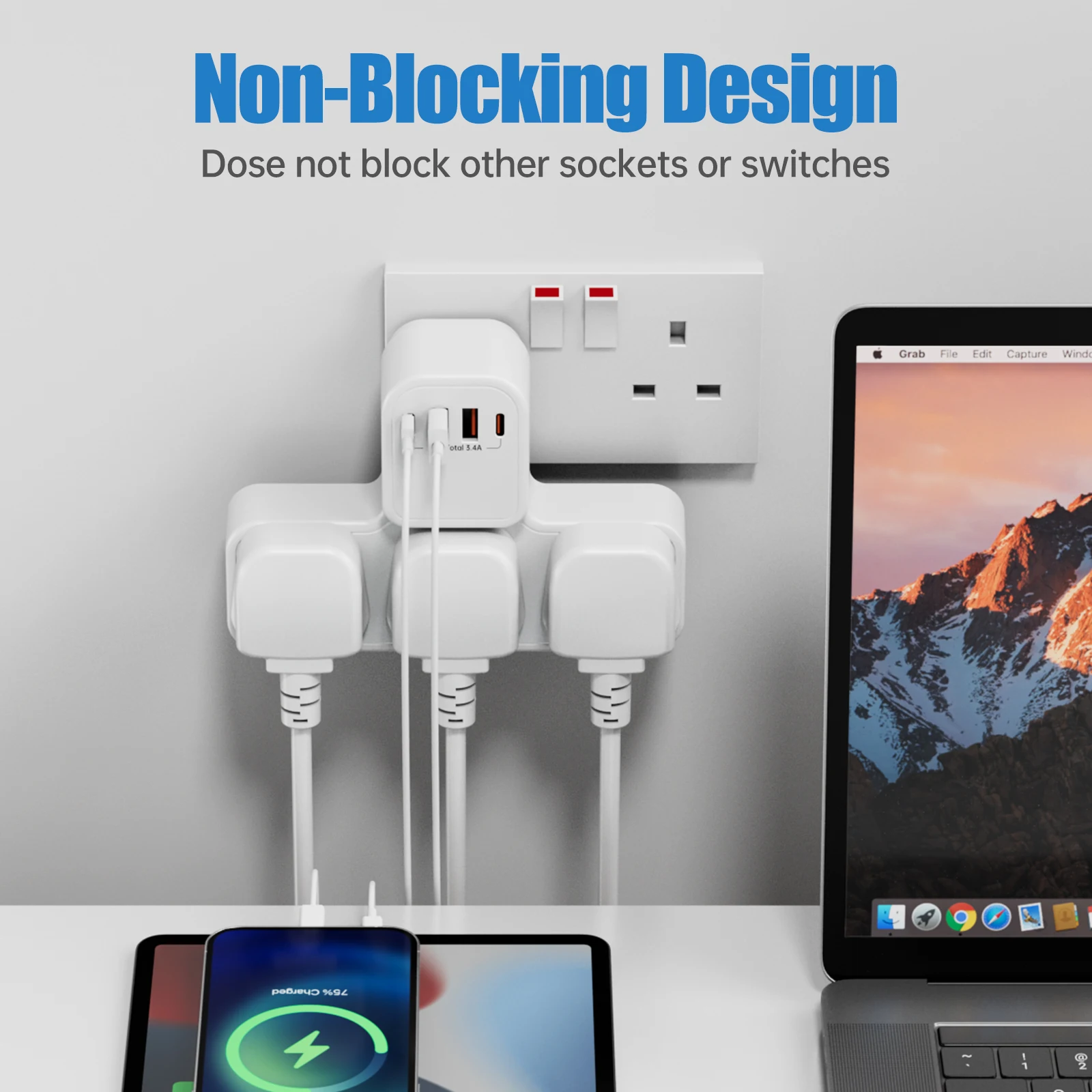 3250 واط المملكة المتحدة التيار المتناوب التوصيل قطاع الطاقة الكهربائية الحائط منفذ مرشح شبكة Multitap مع 2 Usb-A 2 Usb-C محول شحن