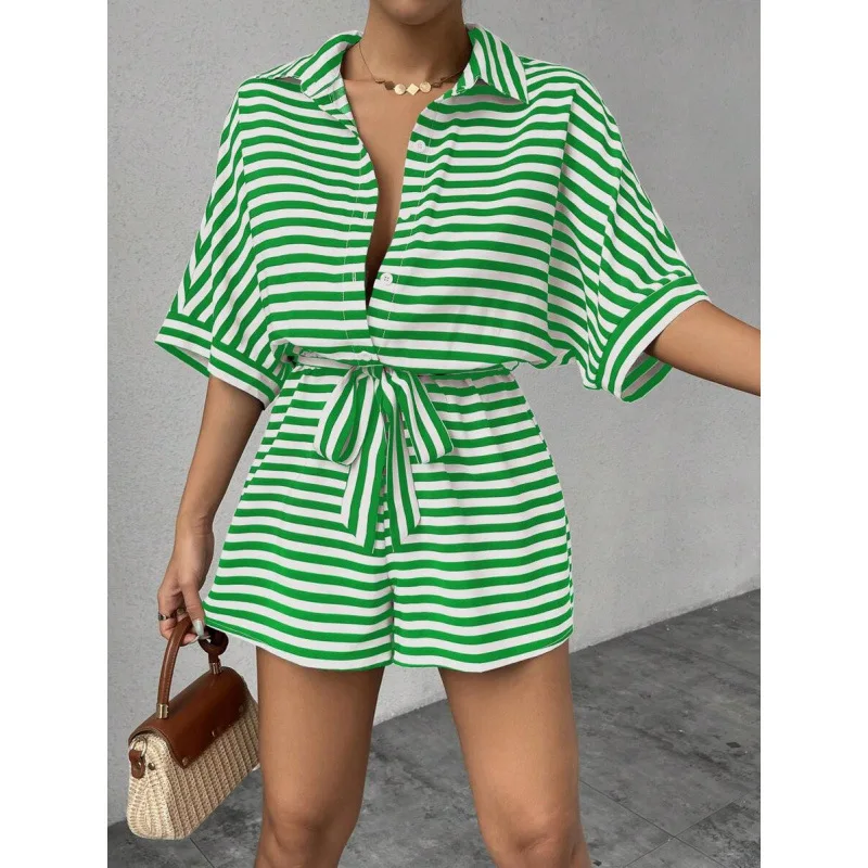 

Striped Collar Romper Women's Fashion Ensemble Spring Season Four Seasons Unbranded Xb51287318 Flip Collar Onesie