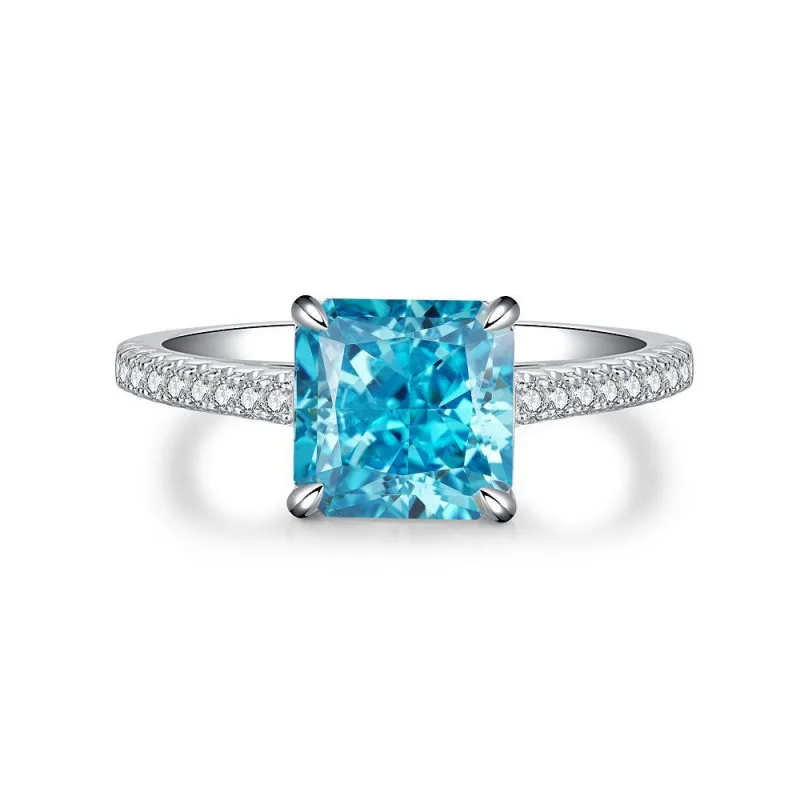 Square Natural Blue Topaz 925 Sterling Silver Geometric Ring for Women Princess Cut Gemstone Solitaire Fine Jewelry Anillo Prata