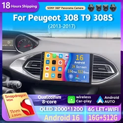 Android 16 wifi+4G Carplay Car Radio For Peugeot 308 T9 308S 2013 - 2017 Navigation GPS Multimedia Video Player Stereo auto 2DIN